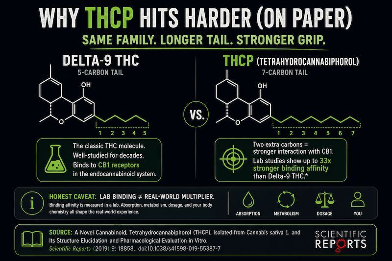 Diagram comparing Delta-9 THC 5 carbon side chain to THCP 7 carbon chain and CB1 binding