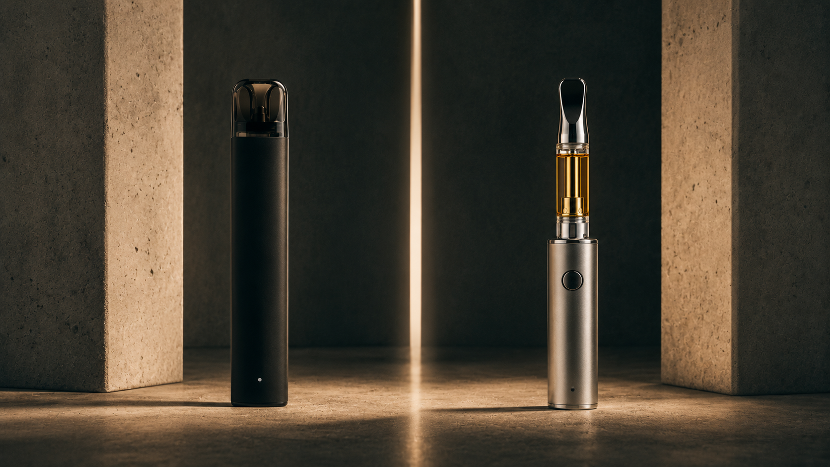 THCa disposable vape and 510-thread cartridge system in architectural split-frame composition