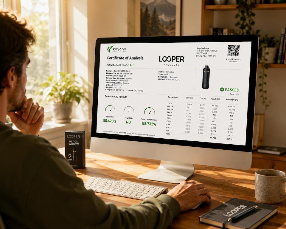 A person checking the COA of a Looper vape