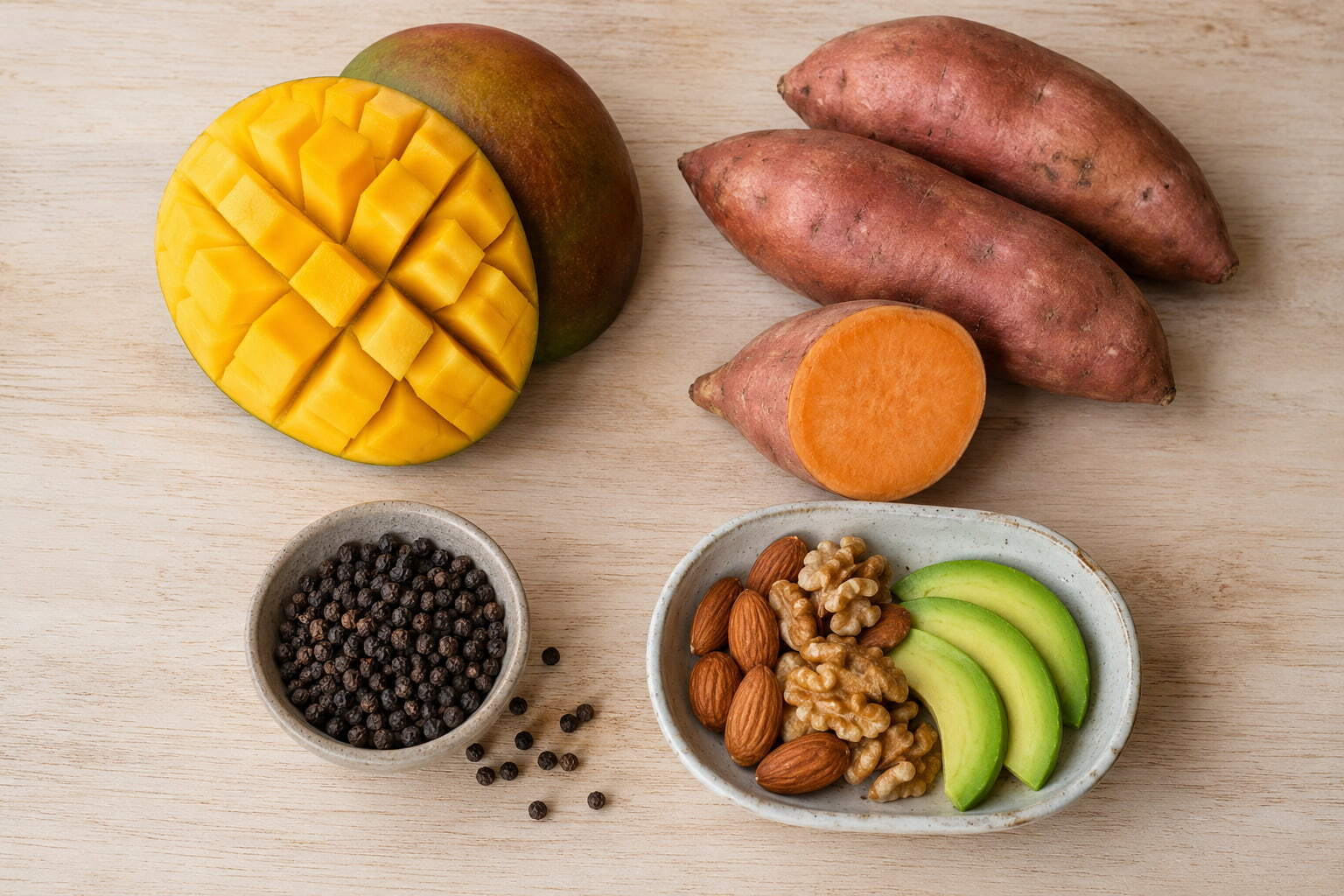 foods-that-enhance-edibles-mango-pepper-sweet-potato.jpg Foods that may enhance edibles including mango, sweet potatoes, black pepper, and nuts