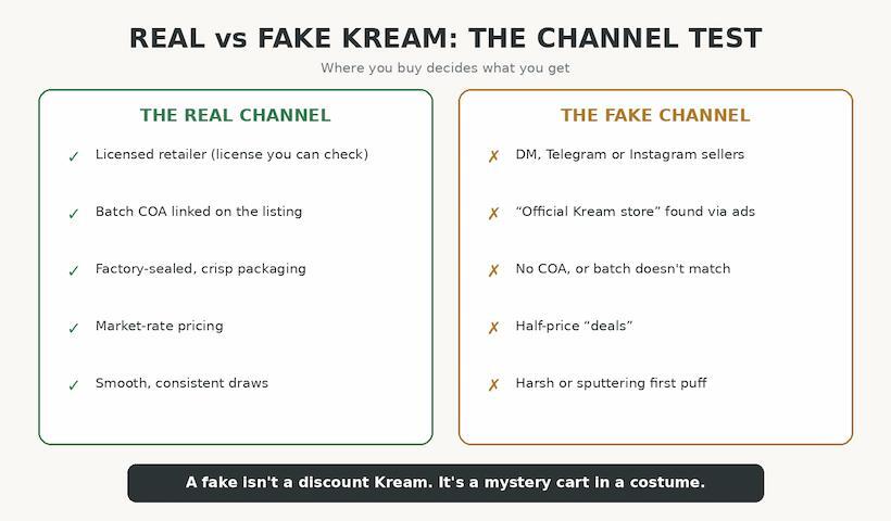 Checklist comparing how real Kream disposables are sold versus counterfeit warning signs