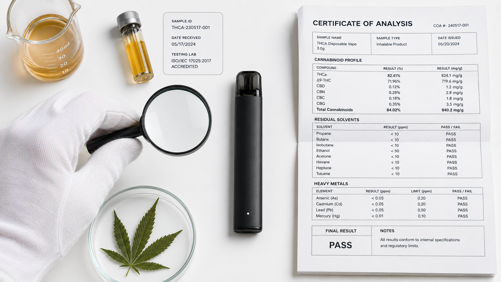 Laboratory verification of a THCa vape with Certificate of Analysis document under magnification