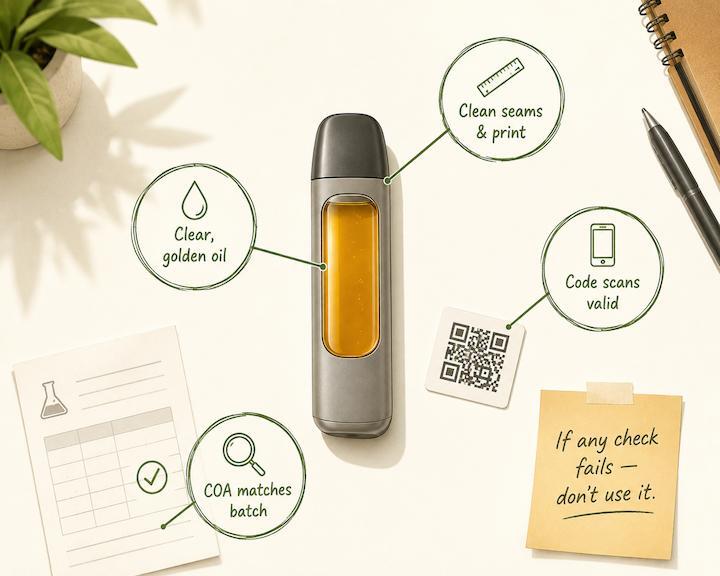 Four point inspection checklist for spotting a fake vape oil clarity seams code scan and COA