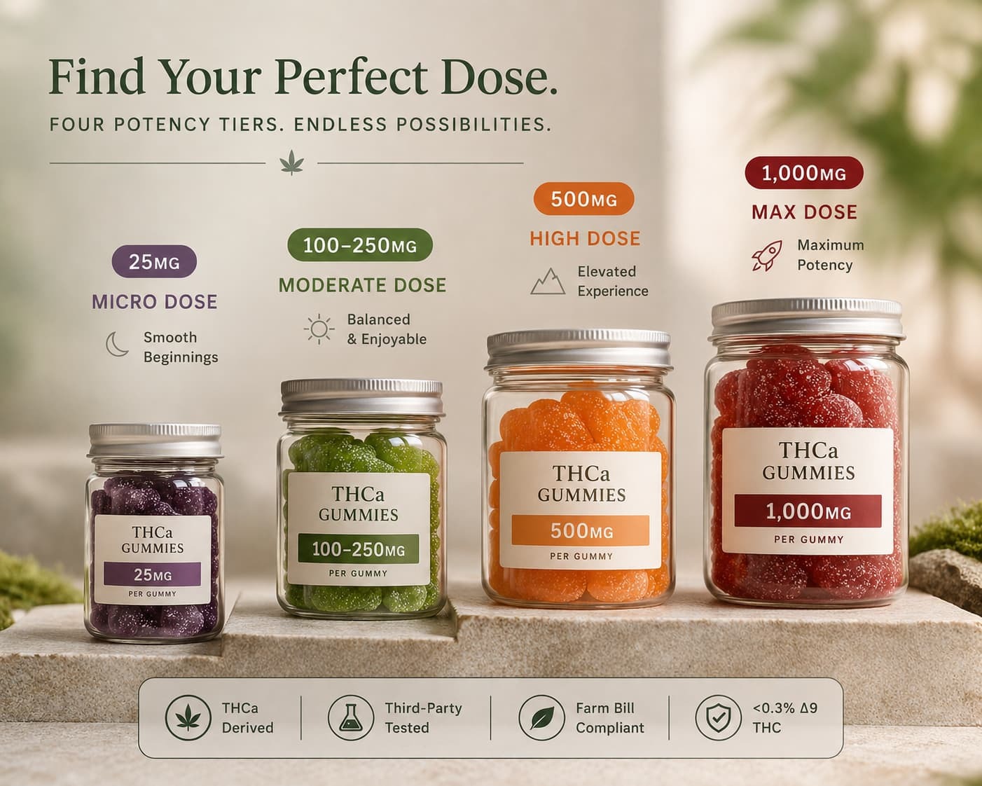 THCa gummy potency tiers showing low dose, standard, high potency, and very high-potency single gummy doses