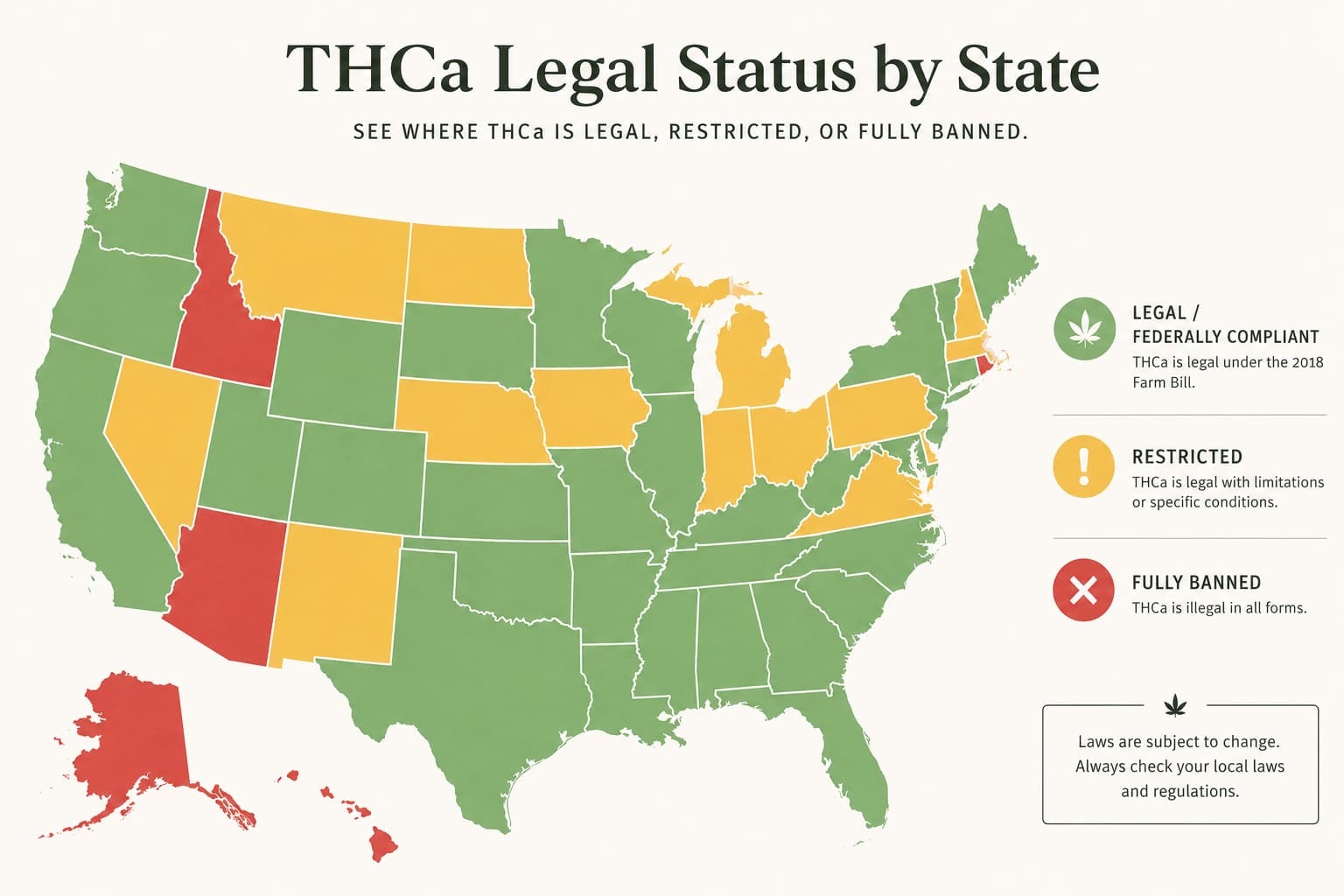 US map showing 2026 state-by-state legal status of THCa products