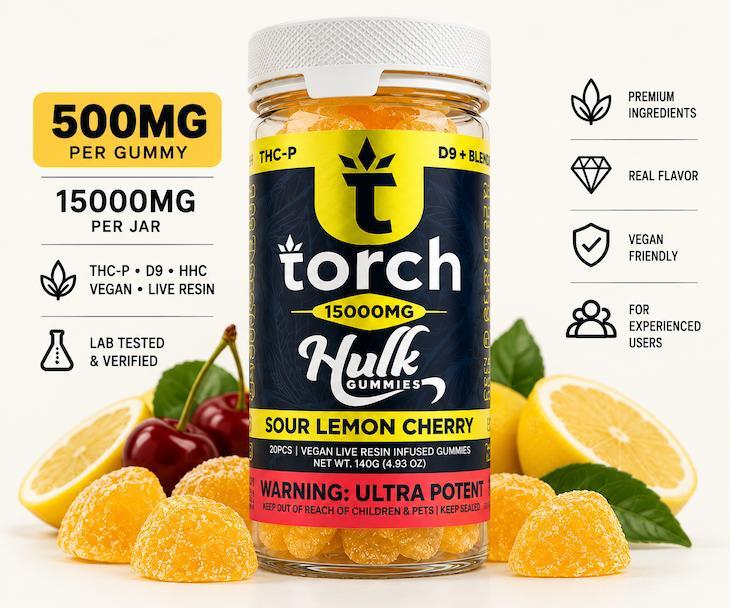 Torch Delta-9 gummies 12.5mg per piece next to Hulk 750mg gummies barbell comparison